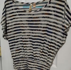 Eyeshadow Cinch Bottom Peasant Top- Cream & Gray Stripes & Peek-a-boo Paisley